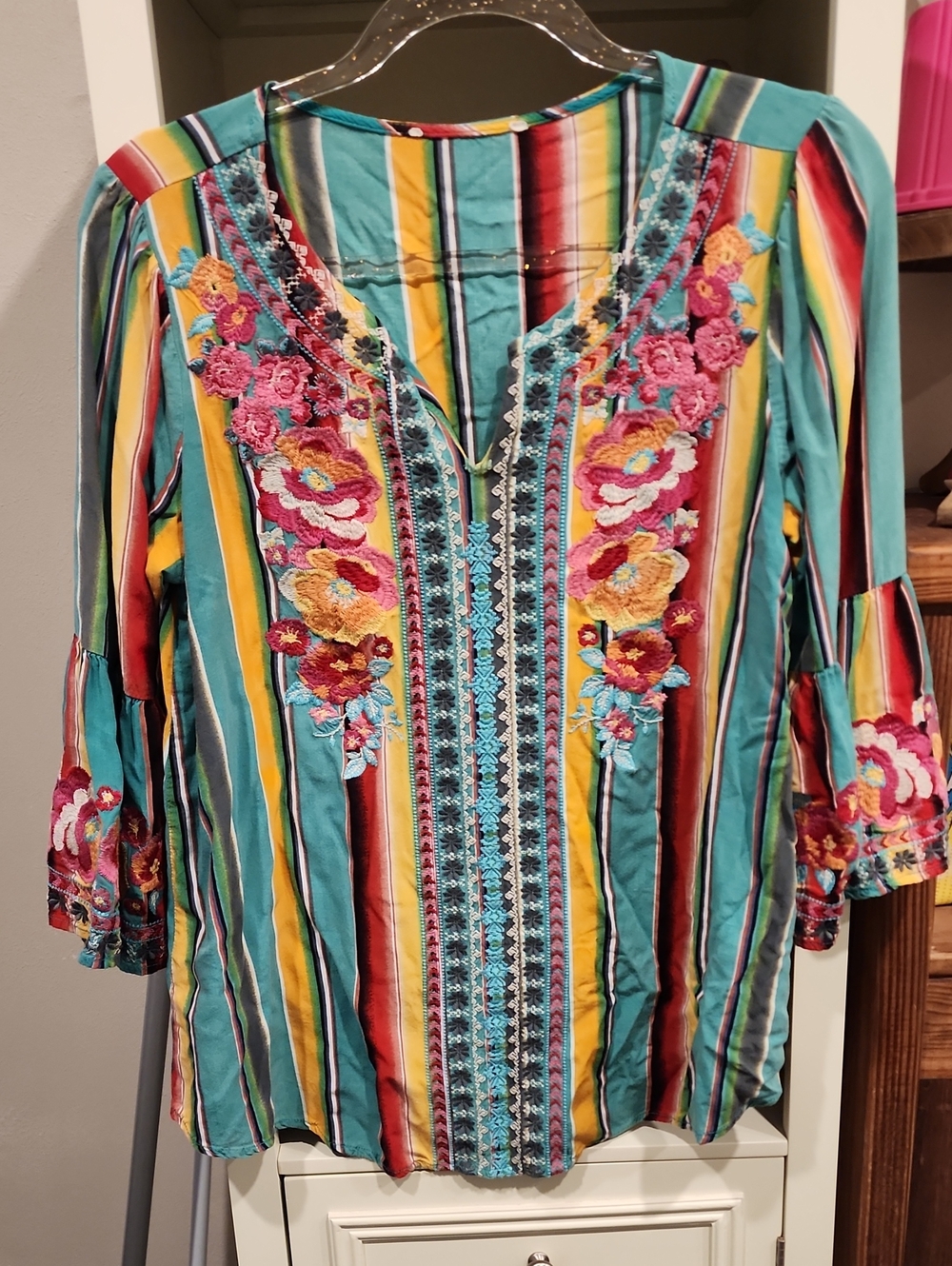 Teal Multi-Striped Embroidered V-Neck Tunic